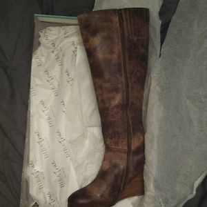 Brown Leather Knee High Wedge Boots